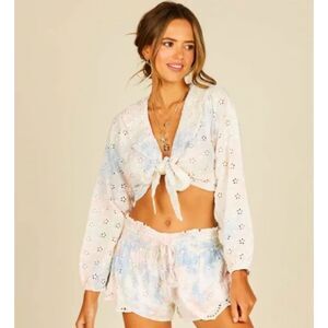 Surf Gypsy Blouse S Tie Dye Rainbow Palm Spring Tie Front Eyelet Crop Top Boho